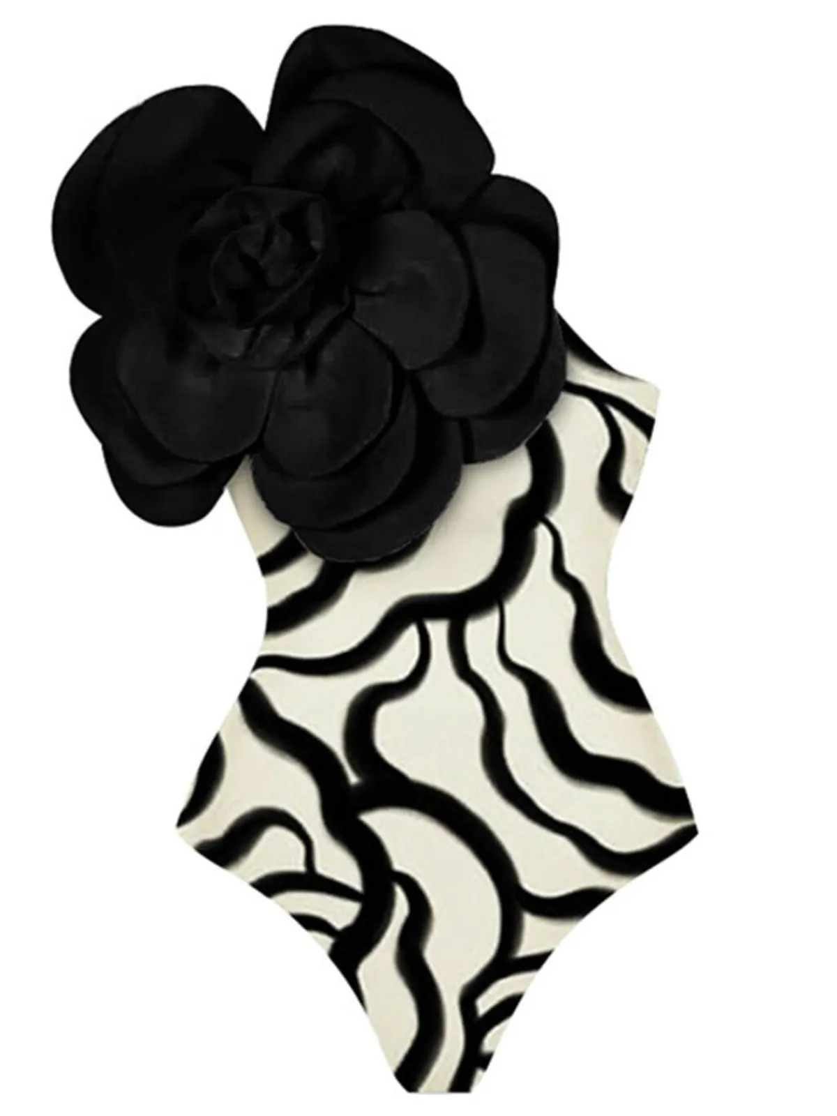 Hot Retro Stage 1940s 3D Camellia One Shoulder Swimsuit Black