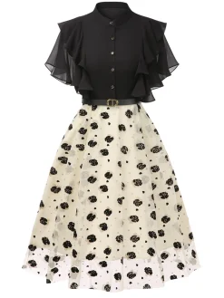 Sale Retro Stage 1950s 3D Floral Ruffle A-line Dress Black