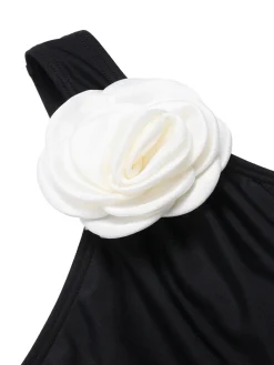 New Retro Stage 1970s 3D Flower One-Shoulder Swimsuit Black