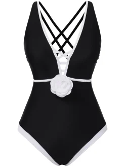 Sale Retro Stage 1950s 3D Flower Patchwork One-Piece Swimsuit Black
