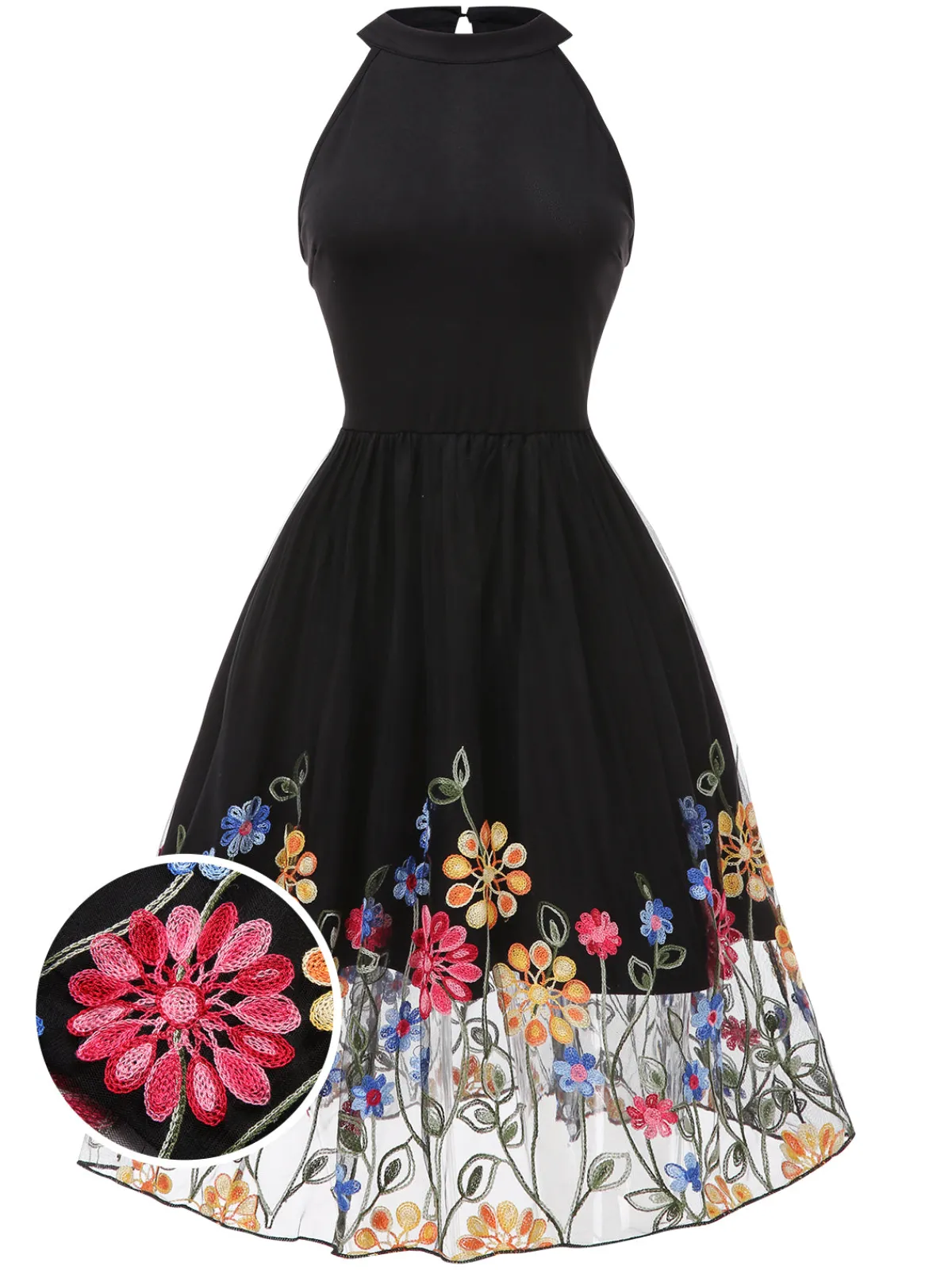 Sale Retro Stage 1950s 3D Flowers Embroidered Mesh Dress Black