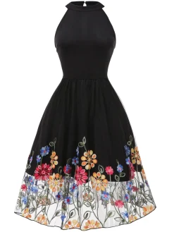 Sale Retro Stage 1950s 3D Flowers Embroidered Mesh Dress Black