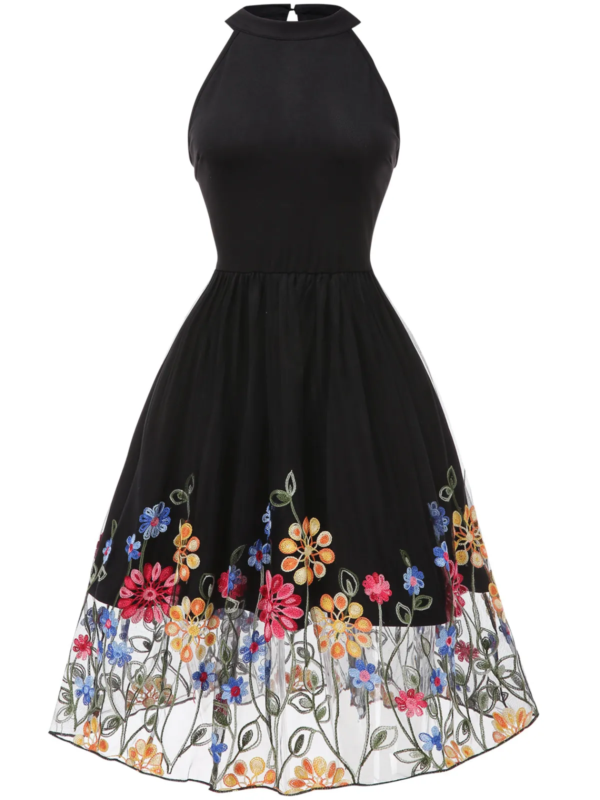 Sale Retro Stage 1950s 3D Flowers Embroidered Mesh Dress Black