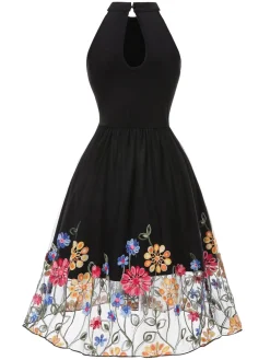 Sale Retro Stage 1950s 3D Flowers Embroidered Mesh Dress Black