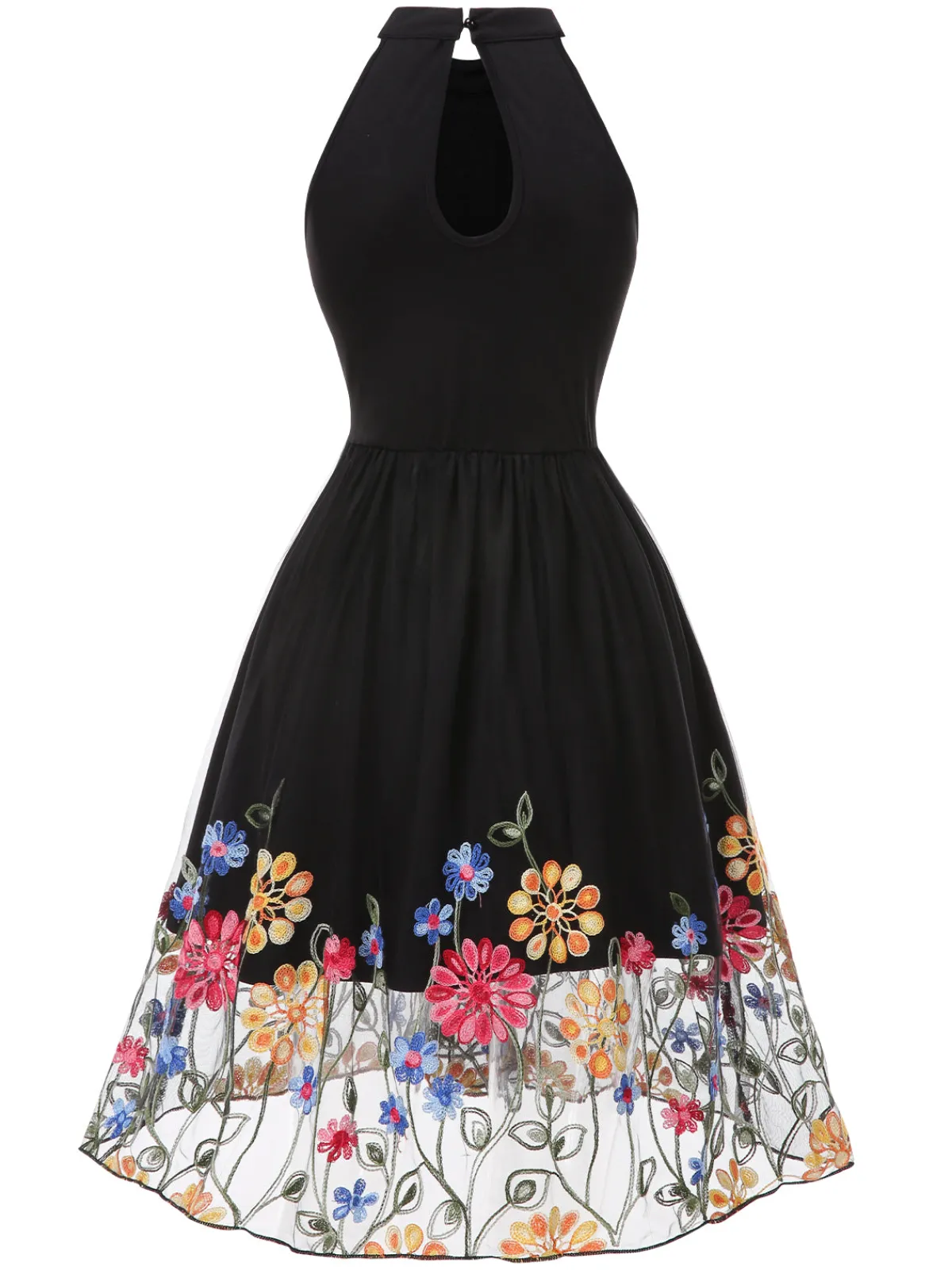 Sale Retro Stage 1950s 3D Flowers Embroidered Mesh Dress Black