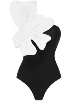 Online Retro Stage 1930s 3D Pearl Floral One-Piece Swimsuit Black
