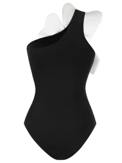 Online Retro Stage 1930s 3D Pearl Floral One-Piece Swimsuit Black