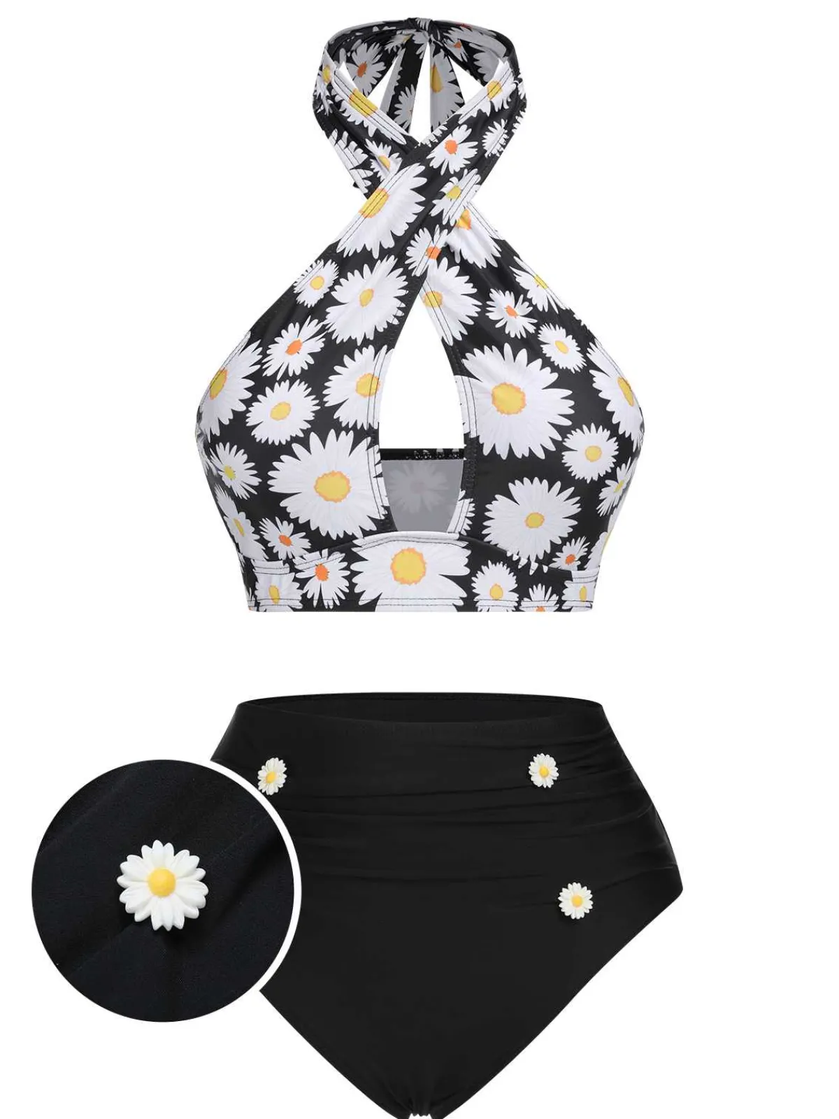 Outlet Retro Stage Black 1950s Daisy Cross Strap Swimsuit