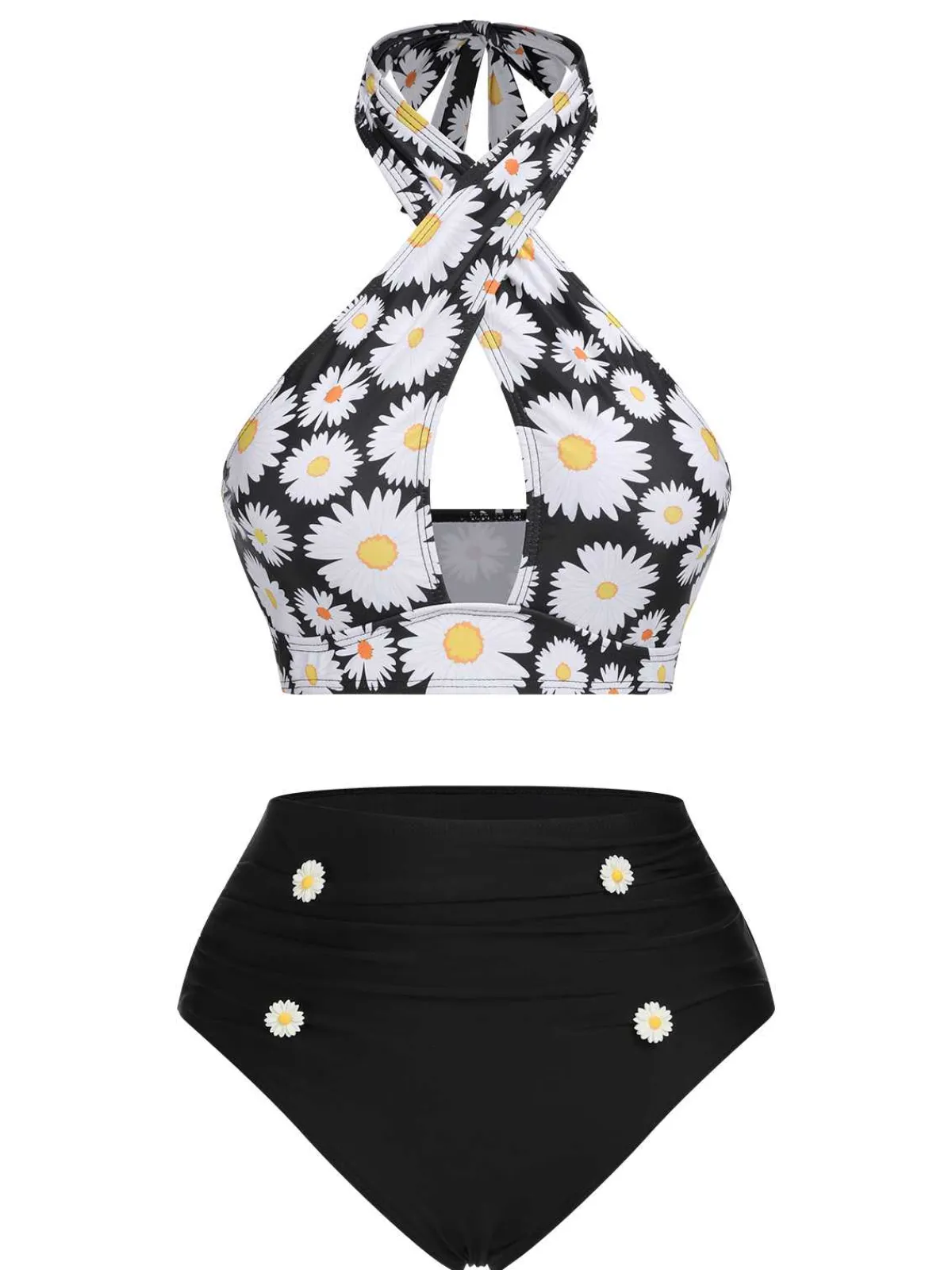 Outlet Retro Stage Black 1950s Daisy Cross Strap Swimsuit