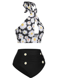 Outlet Retro Stage Black 1950s Daisy Cross Strap Swimsuit