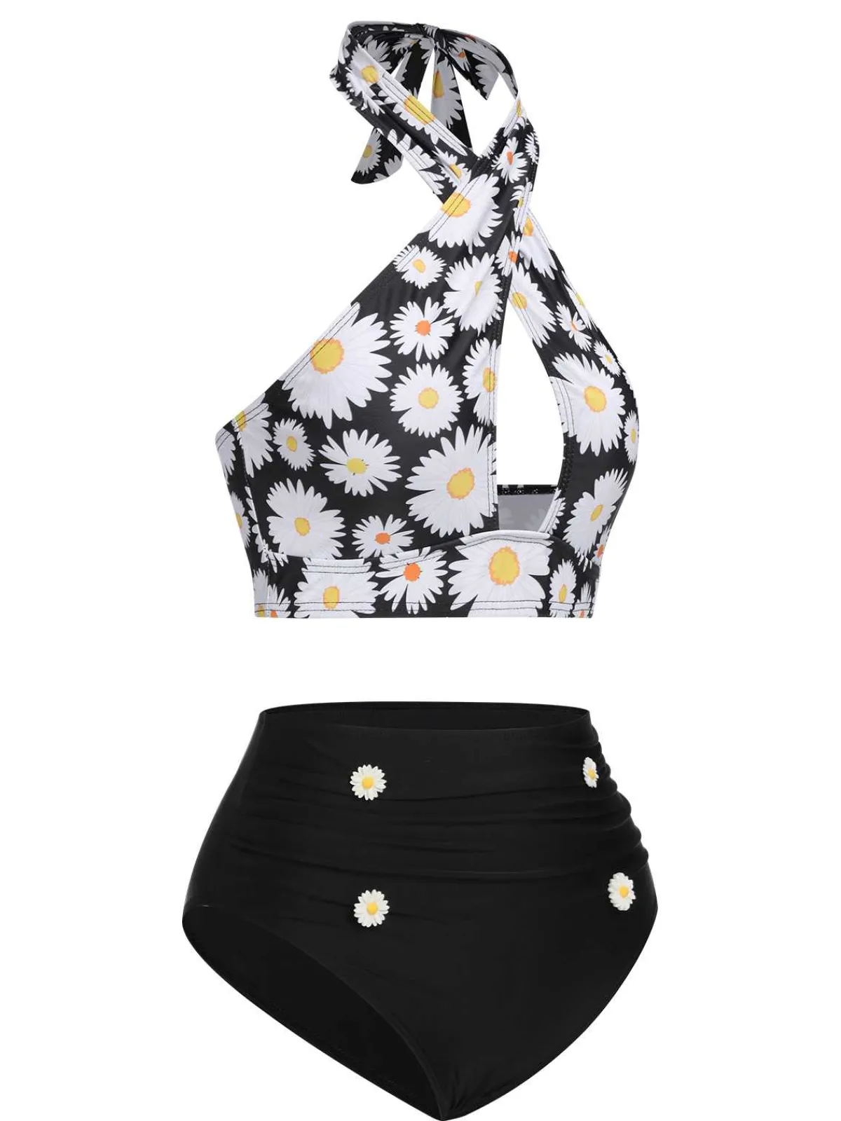 Outlet Retro Stage Black 1950s Daisy Cross Strap Swimsuit