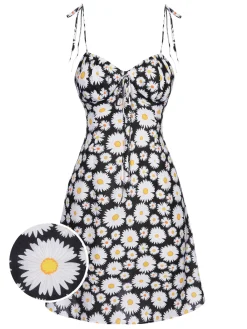 Best Retro Stage 1960s Daisy Spaghetti Strap Dress Black