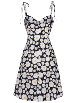 Best Retro Stage 1960s Daisy Spaghetti Strap Dress Black