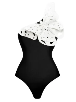 Outlet Retro Stage 1930s 3D-Butterfly One-Shoulder Swimsuit Black
