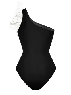 Outlet Retro Stage 1930s 3D-Butterfly One-Shoulder Swimsuit Black