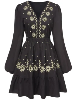 Outlet Retro Stage 1940s Deep V Embroidered Floral Dress Black