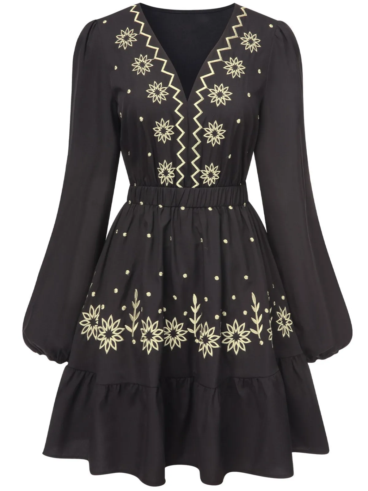 Outlet Retro Stage 1940s Deep V Embroidered Floral Dress Black