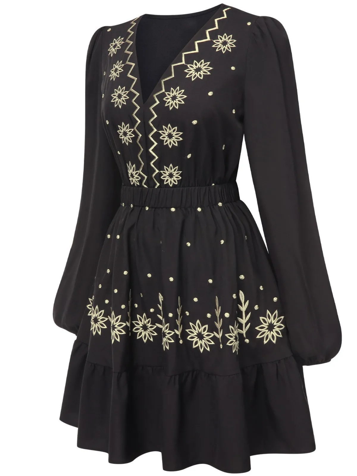 Outlet Retro Stage 1940s Deep V Embroidered Floral Dress Black