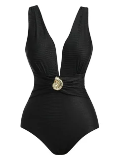 Outlet Retro Stage 1930s Deep V-Neck Seashell One-Piece Swimsuit Black