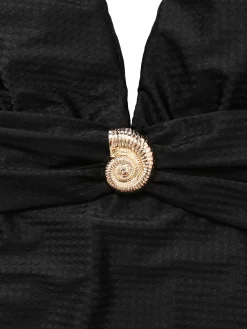 Outlet Retro Stage 1930s Deep V-Neck Seashell One-Piece Swimsuit Black
