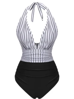 New Retro Stage 1950s Deep V-Neck Stripe Swimsuit Black