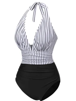 New Retro Stage 1950s Deep V-Neck Stripe Swimsuit Black