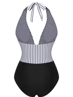 New Retro Stage 1950s Deep V-Neck Stripe Swimsuit Black