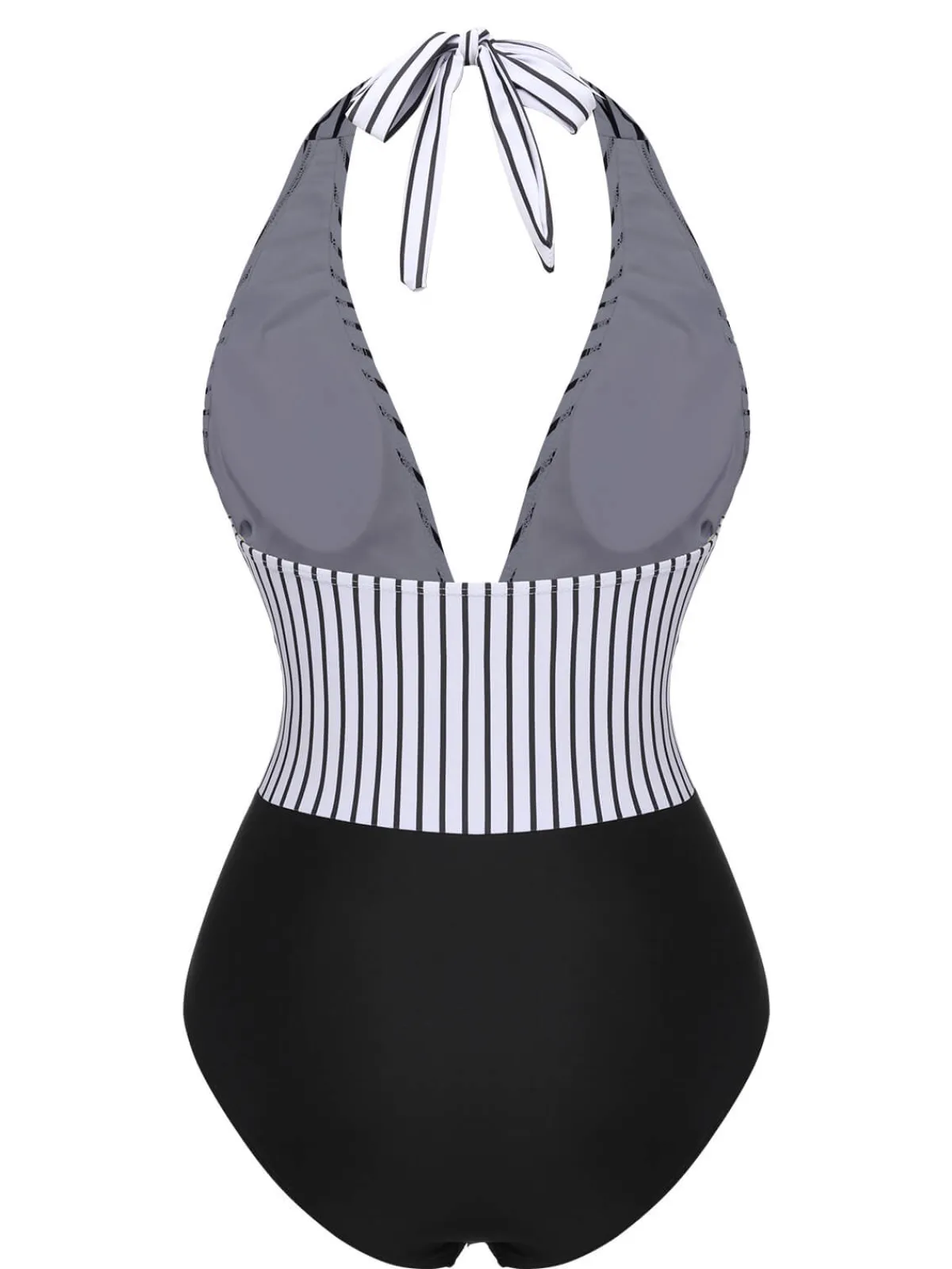 New Retro Stage 1950s Deep V-Neck Stripe Swimsuit Black