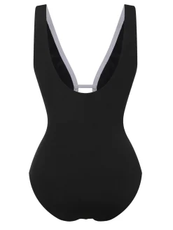 Discount Retro Stage 1950s Deep V-Neck Waist Tie Swimsuit Black