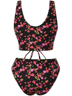 Outlet Retro Stage 1940s Ditsy Floral Lace-Up Tankini Set Black