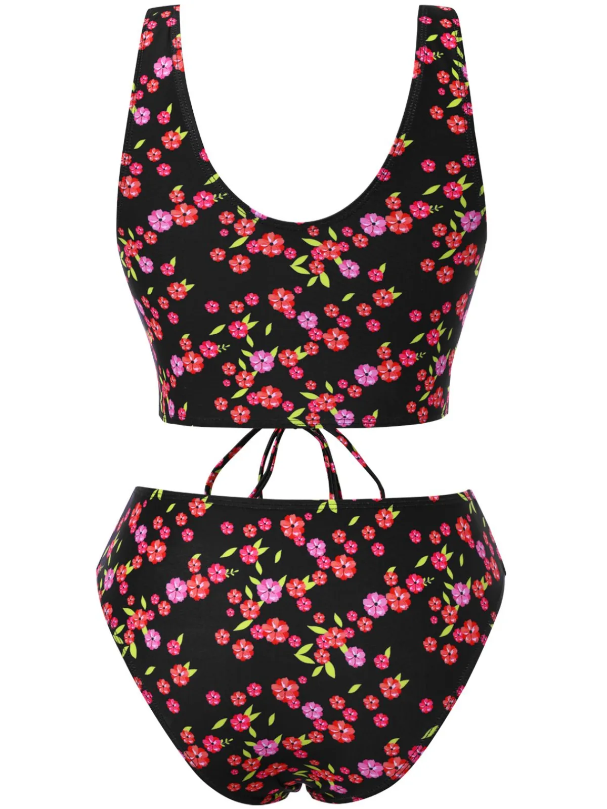 Outlet Retro Stage 1940s Ditsy Floral Lace-Up Tankini Set Black