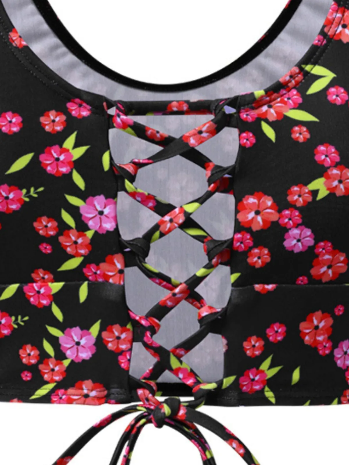 Outlet Retro Stage 1940s Ditsy Floral Lace-Up Tankini Set Black