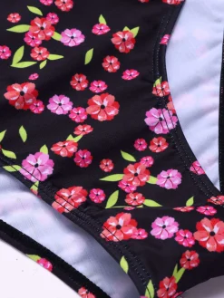 Outlet Retro Stage 1940s Ditsy Floral Lace-Up Tankini Set Black