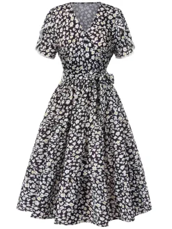 Discount Retro Stage 1950s Ditsy Floral V-Neck Lace-Up Dress Black