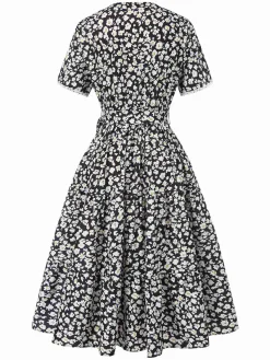 Discount Retro Stage 1950s Ditsy Floral V-Neck Lace-Up Dress Black