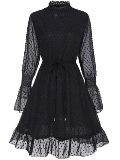 Best Retro Stage 1940s Dots Half Turtleneck Chiffon Dress Black