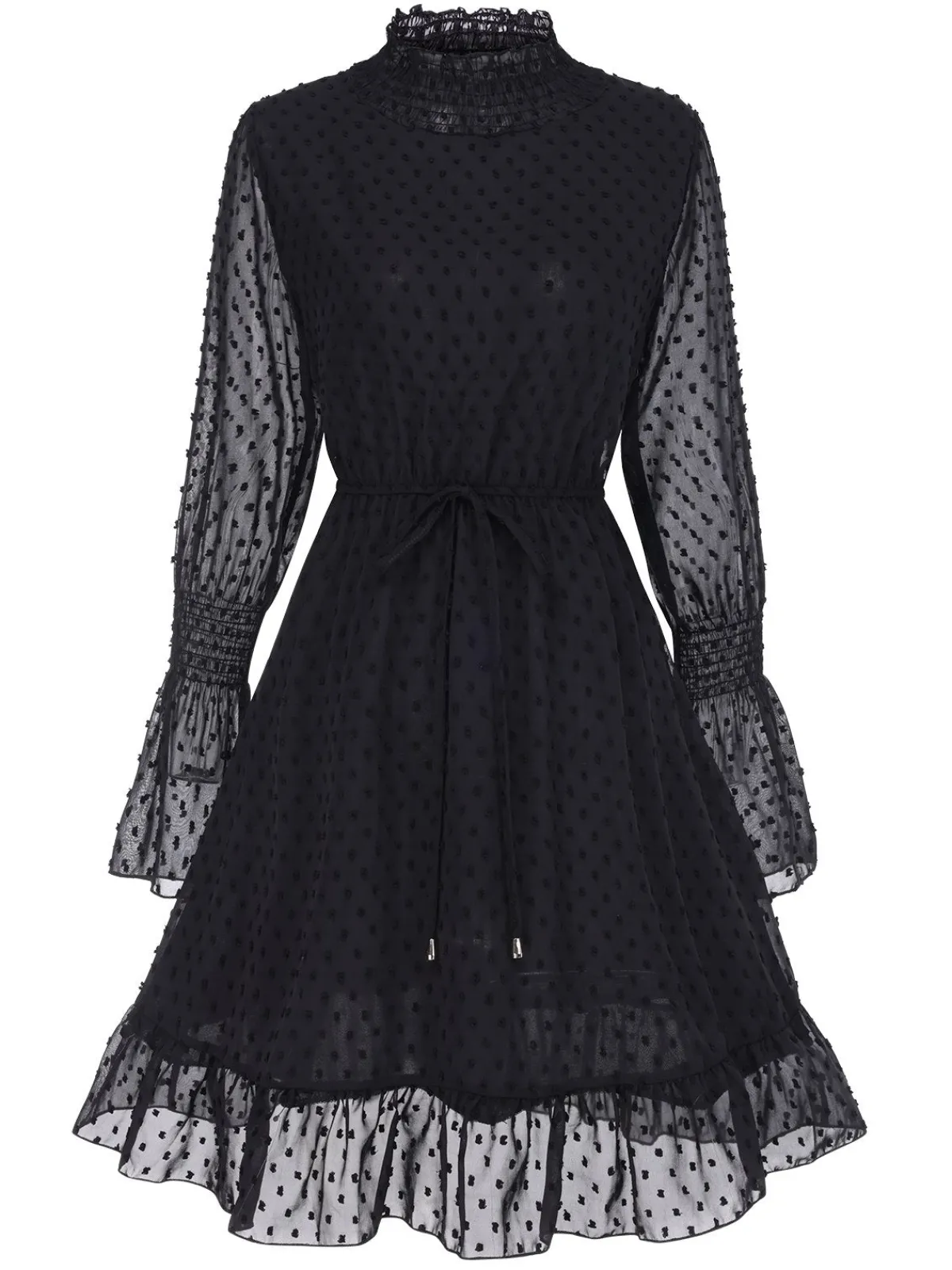 Best Retro Stage 1940s Dots Half Turtleneck Chiffon Dress Black