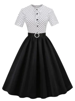 Best Retro Stage 1950s Dots Patchwork Dress Black
