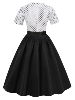 Best Retro Stage 1950s Dots Patchwork Dress Black