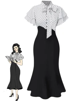 Outlet Retro Stage Black 1930s Dots Tie Neck Mermaid Dress