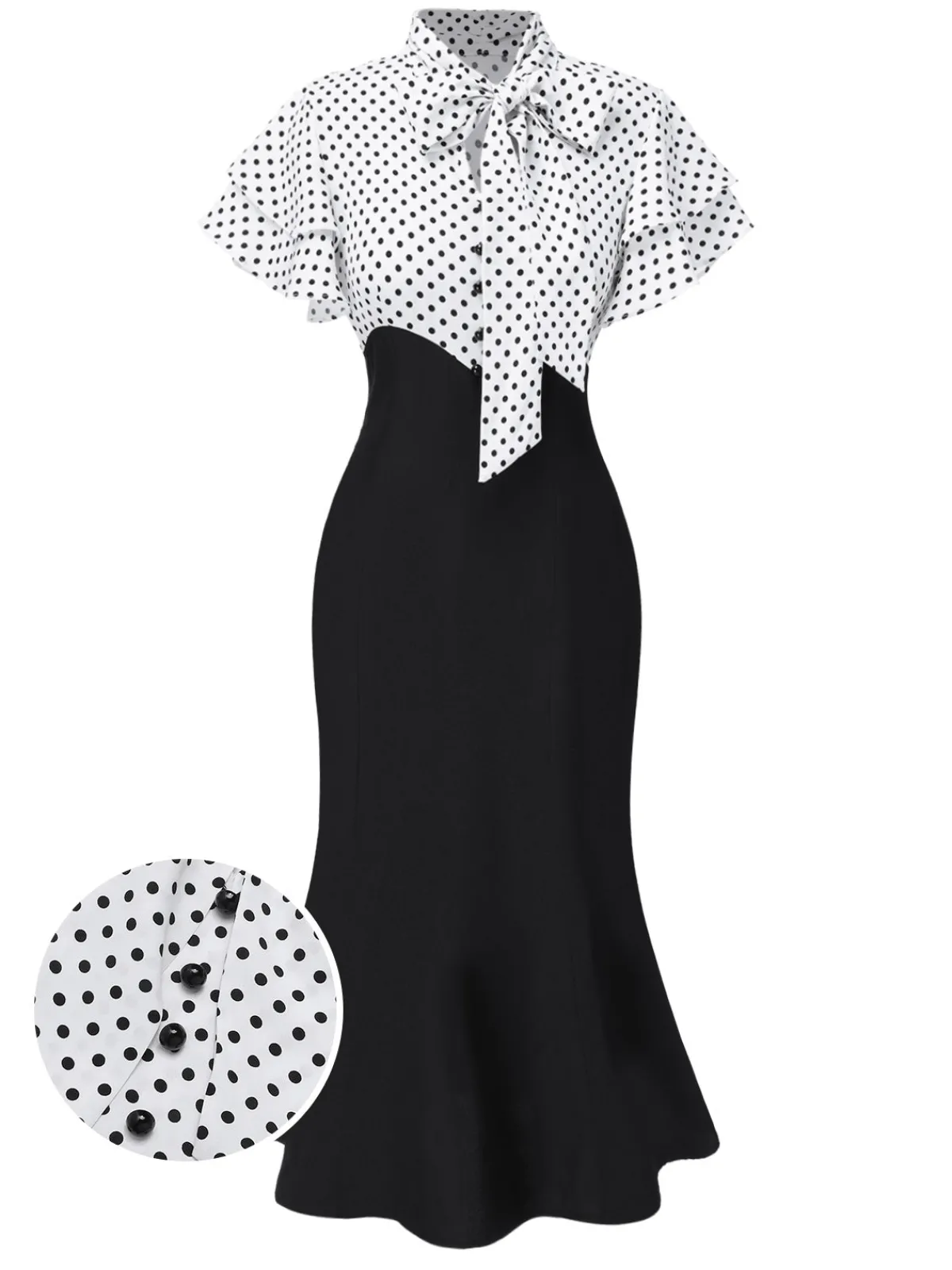 Outlet Retro Stage Black 1930s Dots Tie Neck Mermaid Dress