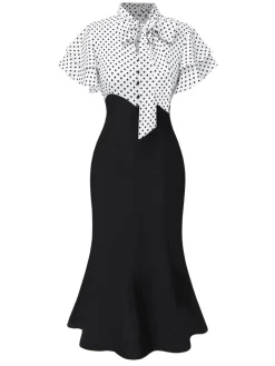 Outlet Retro Stage Black 1930s Dots Tie Neck Mermaid Dress