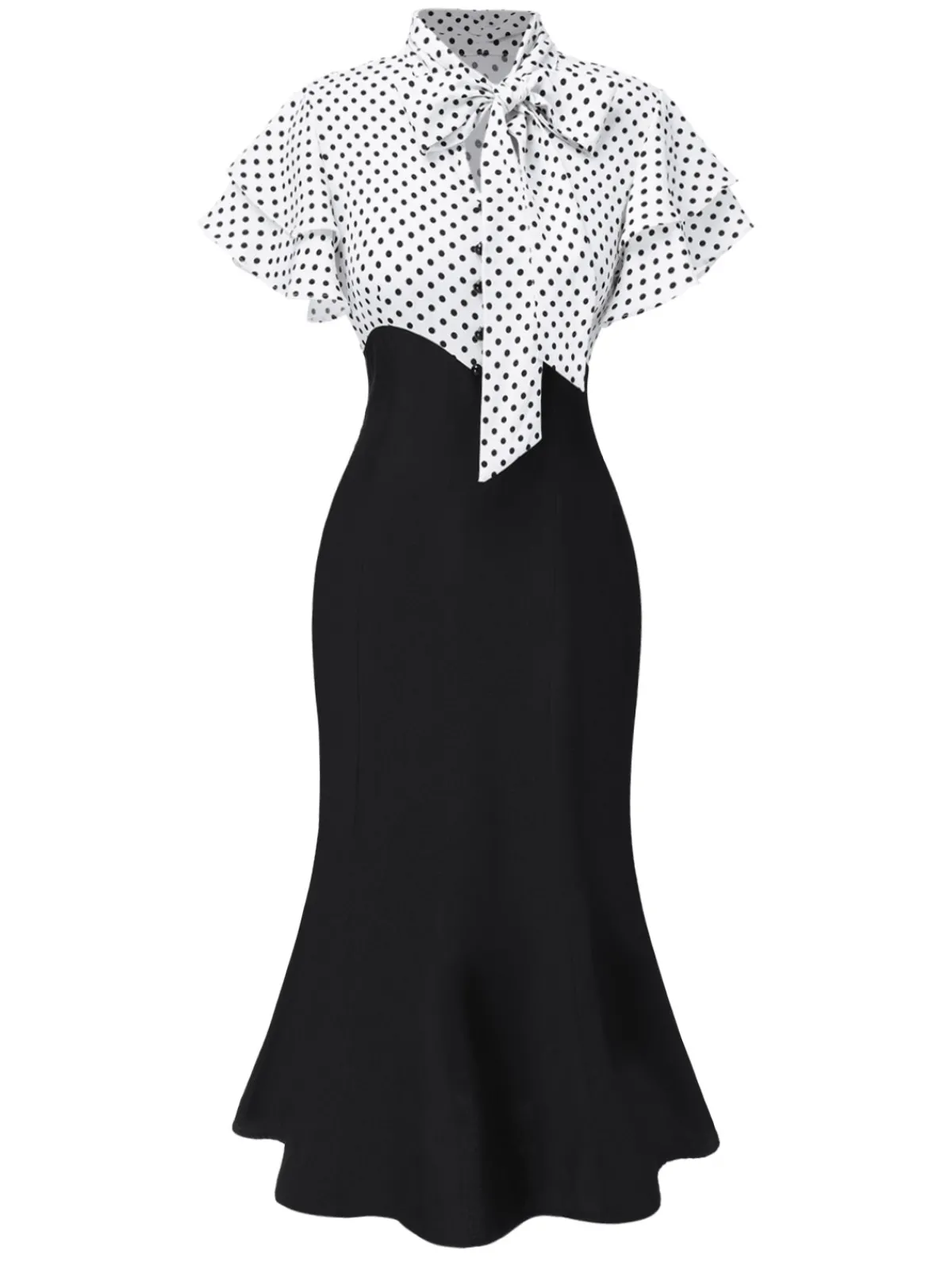 Outlet Retro Stage Black 1930s Dots Tie Neck Mermaid Dress