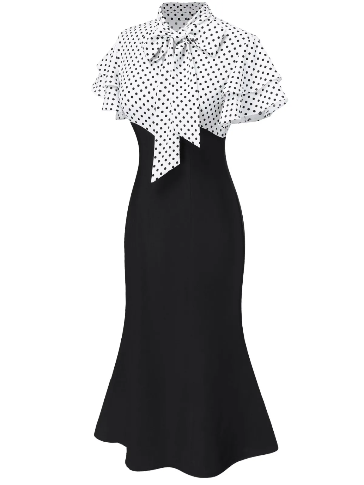 Outlet Retro Stage Black 1930s Dots Tie Neck Mermaid Dress
