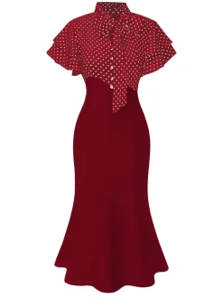 Outlet Retro Stage Black 1930s Dots Tie Neck Mermaid Dress