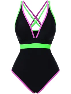 Fashion Retro Stage 1960s Double Straps Colorblock Binding Swimsuit Black