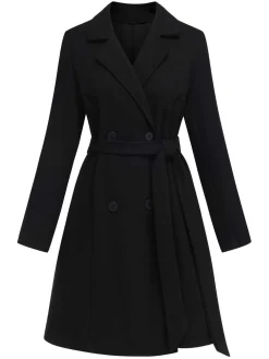 Discount Retro Stage 1940s Double-Breasted Belted Solid Coat Black