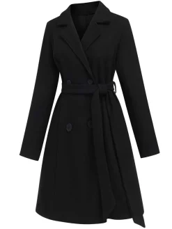 Discount Retro Stage 1940s Double-Breasted Belted Solid Coat Black