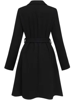 Discount Retro Stage 1940s Double-Breasted Belted Solid Coat Black