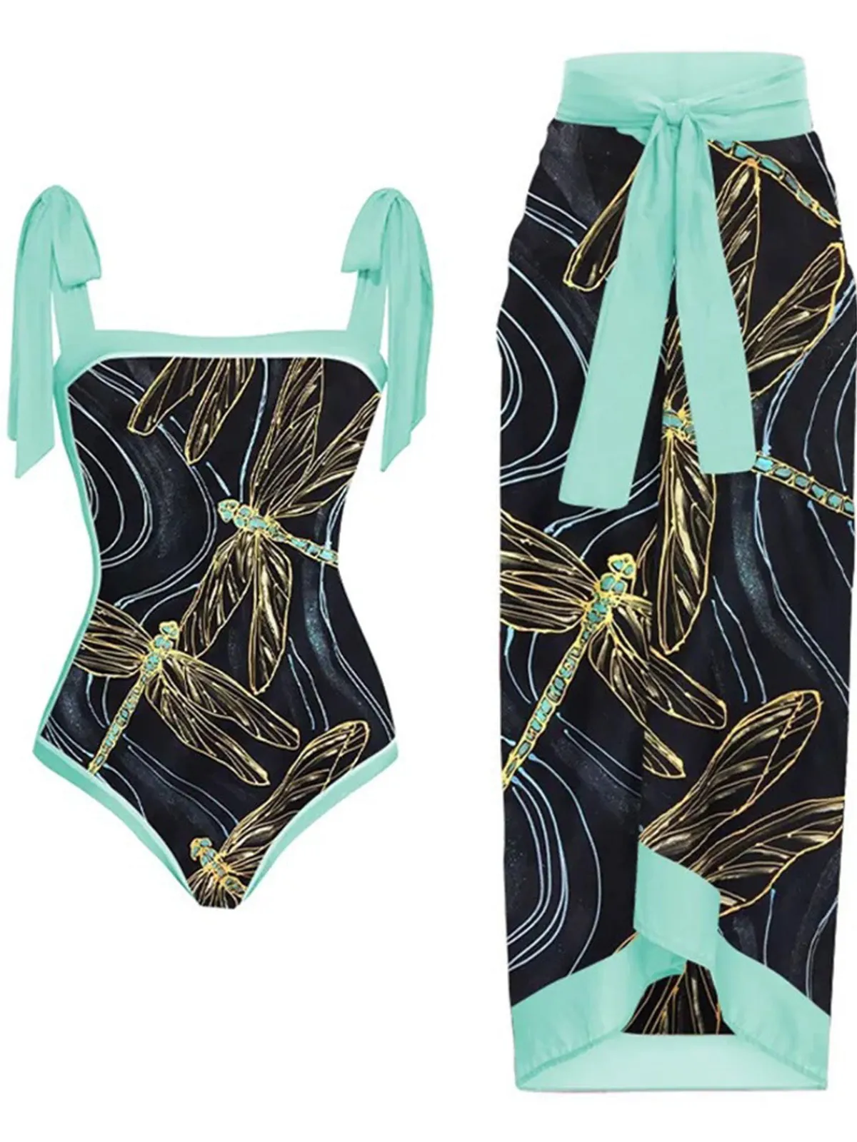 Best Retro Stage 1950s Dragonfly Lace-up Swimsuit & Cover-up Black
